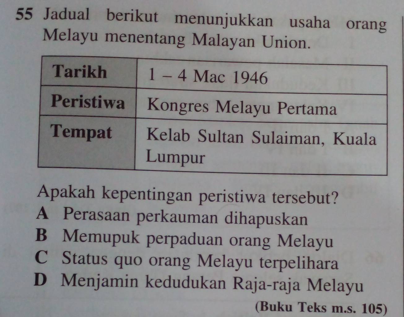 Jadual berikut menunjukkan usaha orang
Melayu menentang Malayan Union.
Apakah kepentingan peristiwa tersebut?
A Perasaan perkauman dihapuskan
B Memupuk perpaduan orang Melayu
C Status quo orang Melayu terpelihara
D Menjamin kedudukan Raja-raja Melayu
(Buku Teks m.s. 105)