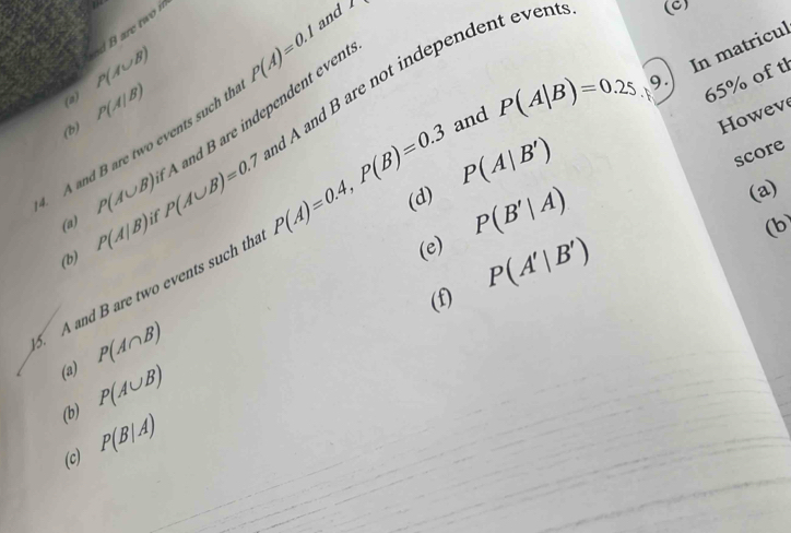 and 1
(a) P(A∪ B) sd B are two n 
nd A and B are not independent event (C) 
(b) P(A|B)
and P(A|B)=0.25 9. In matricul
65% of tl 
Howev
A and B are two events such th P(A)=0.1
(b) P(A|B) if P(A∪ B)=0.7 A and B are independent even 
score 
(a) P(A∪ B)
(e) P(B'|A)
(b 
A and B are two events such tha P(A)=0.4, P(B)=0.3 (d) P(A|B')
(a) 
(f) P(A'|B')
(a) P(A∩ B)
(b P(A∪ B)
(c) P(B|A)