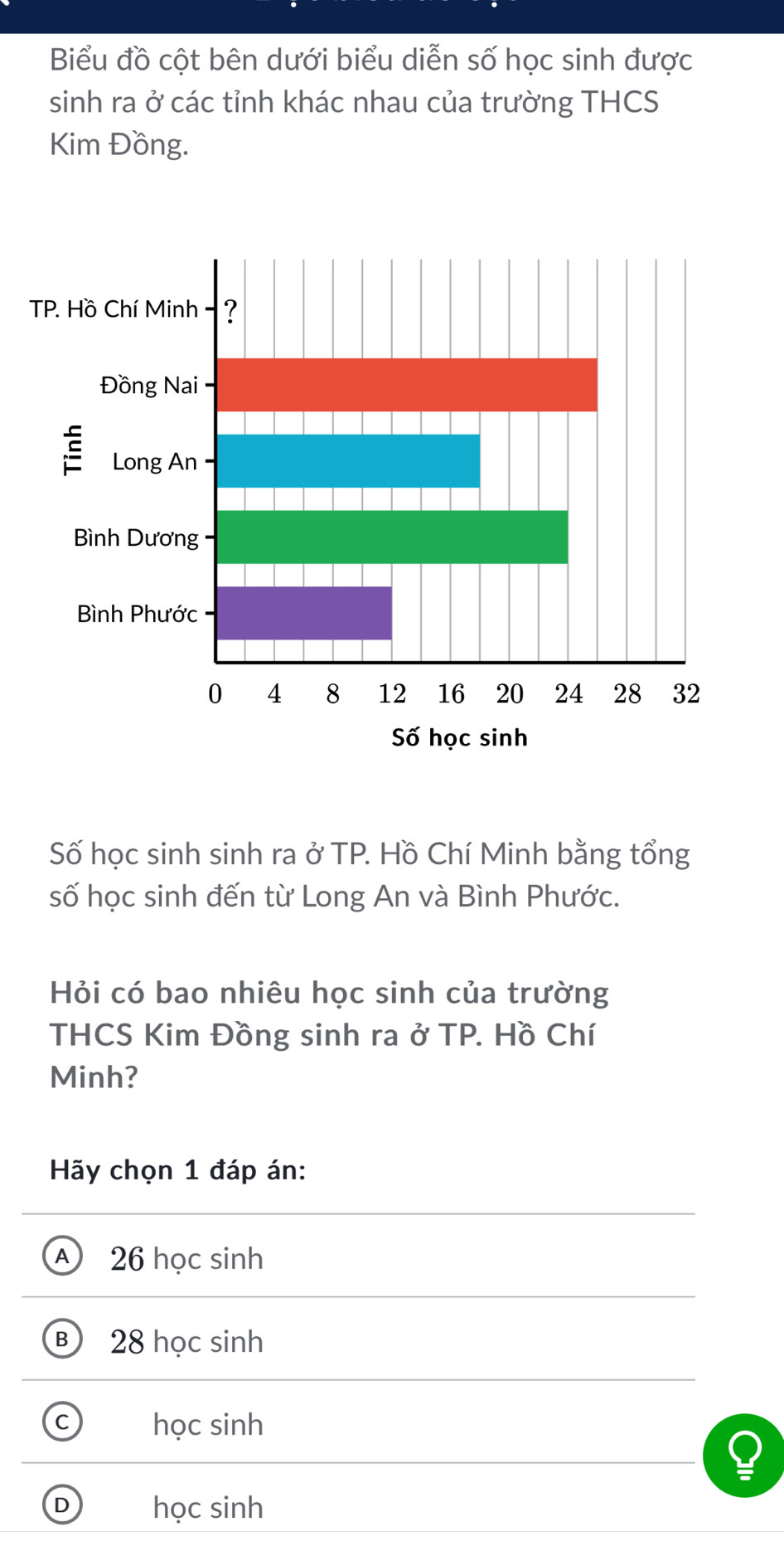 Biểu đồ cột bên dưới biểu diễn số học sinh được
sinh ra ở các tỉnh khác nhau của trường THCS
Kim Đồng.
Số học sinh sinh ra ở TP. Hồ Chí Minh bằng tổng
số học sinh đến từ Long An và Bình Phước.
Hỏi có bao nhiêu học sinh của trường
THCS Kim Đồng sinh ra ở TP. Hồ Chí
Minh?
Hãy chọn 1 đáp án:
A 26 học sinh
B 28 học sinh
C học sinh
D học sinh