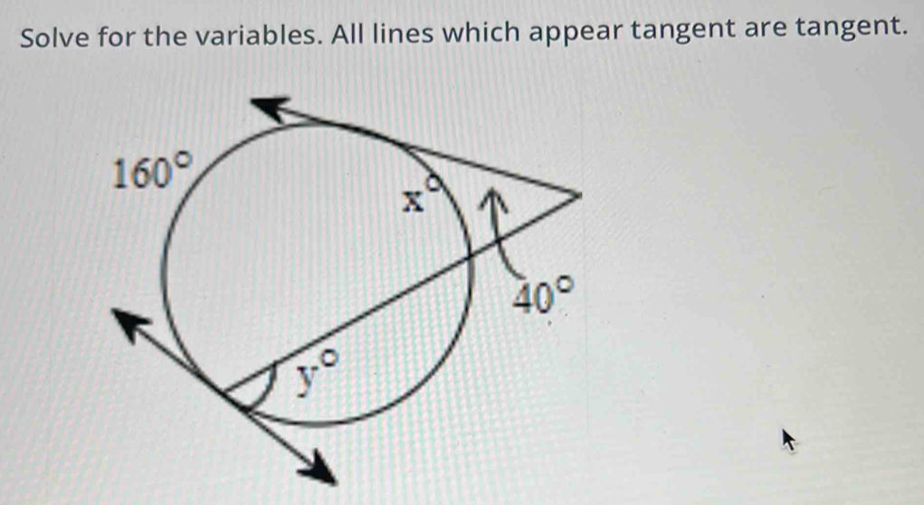 Solve for the variables. All lines which appear tangent are tangent.