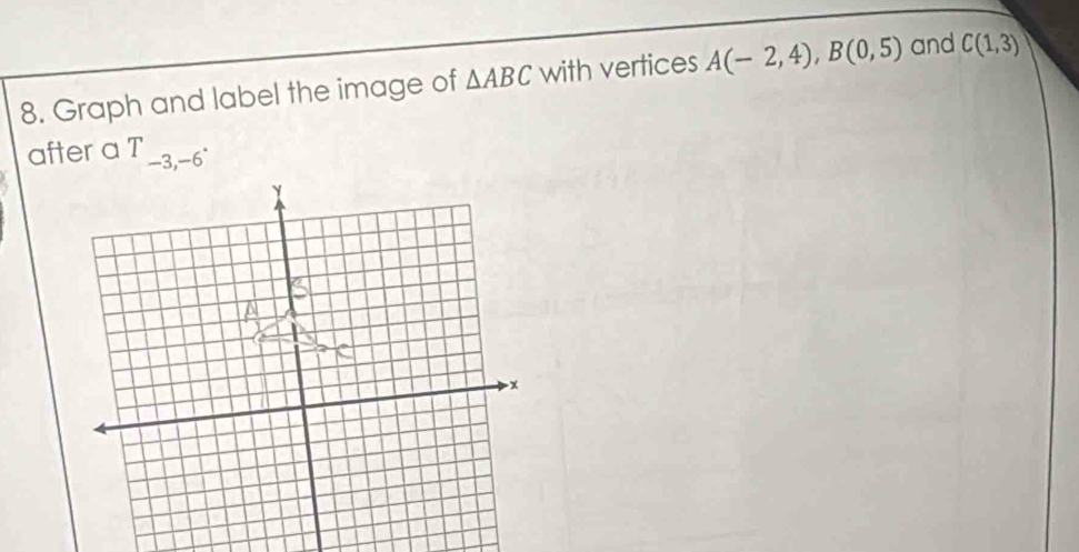 Graph and label the image of △ ABC with vertices A(-2,4), B(0,5) and C(1,3)
after a T_-3,-6.