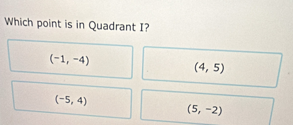 Which point is in Quadrant I?
(-1,-4)
(4,5)
(-5,4)
(5,-2)