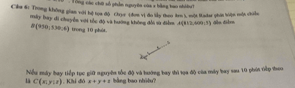 1 . Tổng các chữ số phần nguyên của x bằng bao nhiêu? 
Câu 6: Trong không gian với hệ tọa độ Oxyz (đơn vị đo lấy theo km ), một Radar phát hiện một chiếc 
máy bay di chuyển với tốc độ và hướng không đổi từ điểm A(812;600;5) dến điễm
B(950;530;6) trong 10 phút. 
s 
Nếu máy bay tiếp tục giữ nguyên tốc độ và hướng bay thì tọa độ của máy bay sau 10 phút tiếp theo 
lǎ C(x;y;z). Khi đó x+y+z bằng bao nhiêu?