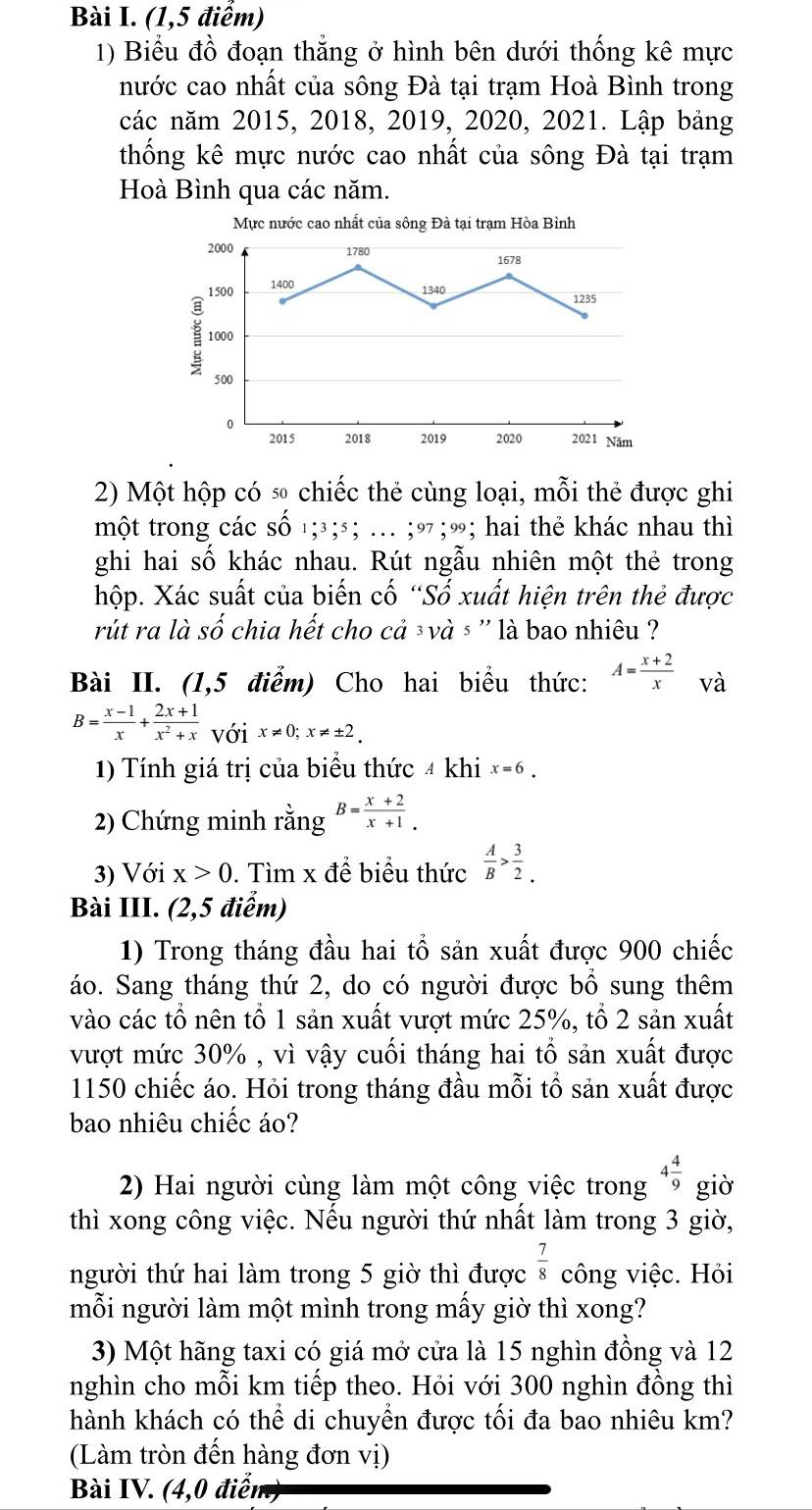 (1,5 điểm)
1) Biểu đồ đoạn thắng ở hình bên dưới thống kê mực
nước cao nhất của sông Đà tại trạm Hoà Bình trong
các năm 2015, 2018, 2019, 2020, 2021. Lập bảng
thống kê mực nước cao nhất của sông Đà tại trạm
Hoà Bình qua các năm.
2) Một hộp có s chiếc thẻ cùng loại, mỗi thẻ được ghi
một trong các số ¹;³;5; … ;9;‰; hai thẻ khác nhau thì
ghi hai số khác nhau. Rút ngẫu nhiên một thẻ trong
hộp. Xác suất của biến cố “Số xuất hiện trên thẻ được
rút ra là số chia hết cho cả ³và ³ '' là bao nhiêu ?
Bài II. (1,5 điểm) Cho hai biểu thức: A= (x+2)/x  và
B= (x-1)/x + (2x+1)/x^2+x  với x!= 0;x!= ± 2.
1) Tính giá trị của biểu thức 4 khi x=6.
2) Chứng minh rằng B= (x+2)/x+1 .
3) Với x>0. Tìm x để biểu thức  A/B > 3/2 .
Bài III. (2,5 điểm)
1) Trong tháng đầu hai tổ sản xuất được 900 chiếc
áo. Sang tháng thứ 2, do có người được bổ sung thêm
vào các tổ nên tổ 1 sản xuất vượt mức 25%, tổ 2 sản xuất
vượt mức 30% , vì vậy cuối tháng hai tổ sản xuất được
1150 chiếc áo. Hỏi trong tháng đầu mỗi tổ sản xuất được
bao nhiêu chiếc áo?
2) Hai người cùng làm một công việc trong 4 4/9  giò
thì xong công việc. Nếu người thứ nhất làm trong 3 giờ,
người thứ hai làm trong 5 giờ thì được  7/8  công việc. Hỏi
mỗi người làm một mình trong mấy giờ thì xong?
3) Một hãng taxi có giá mở cửa là 15 nghìn đồng và 12
nghìn cho mỗi km tiếp theo. Hỏi với 300 nghìn đồng thì
hành khách có thể di chuyển được tối đa bao nhiêu km?
(Làm tròn đến hàng đơn vị)
Bài IV. (4,0 điển