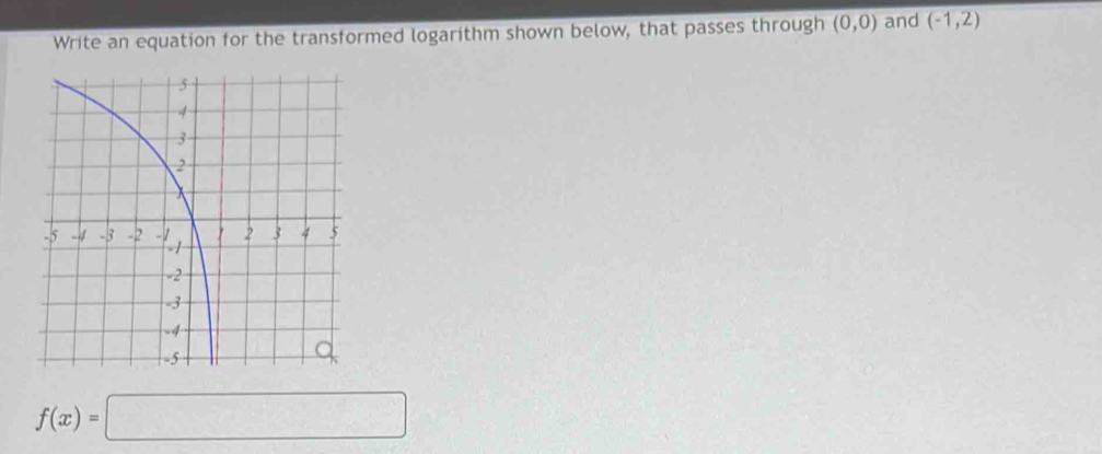 Write an equation for the transformed logarithm shown below, that passes through (0,0) and (-1,2)
f(x)=□