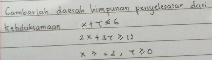 Gambarlah daerah himpunan penyelesaian dari 
kehdaksamaan x+T≤ 6
2x+3y≥ 12
x≥slant 2, t≥slant 0