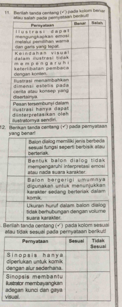 Berilah tanda centang (√) pada kolom benar 
berikut! 
12. Berikan tanda centang (▲ ) pada 
. Berilah tanda centang (√) pada kolom sesuai 
atau tidak sesuai pada pernyataan berikut!