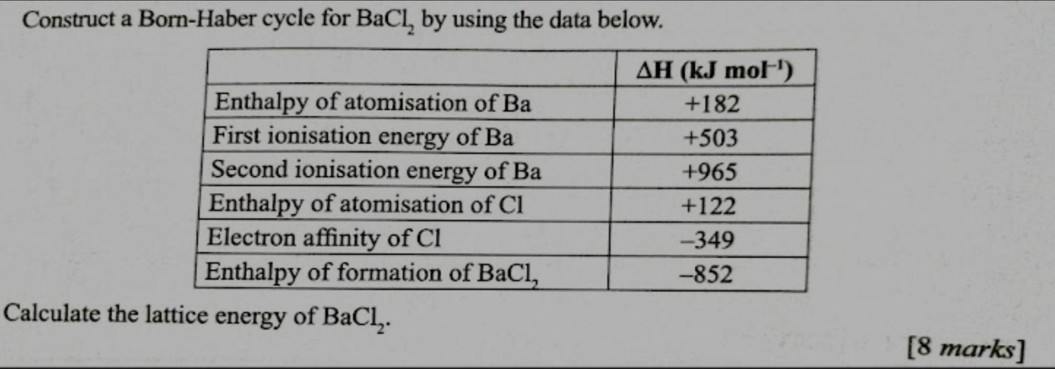 Construct a Born-Haber cycle for BaCl_2 by using the data below.
Calculate the lattice energy of BaCl_2.
[8 marks]