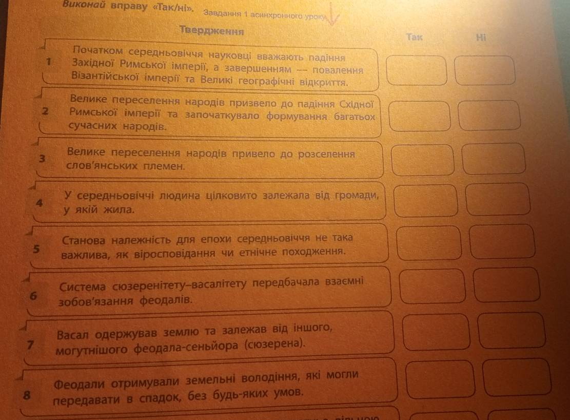 ВΒикондй влраву «Так/ні». Завдання 1 асинхронного уроку
Твердкення
Tak Hi
Πочаτком середньовіччя науковці вважаюоть ладіння
1  Βахίдної Ρимської імперії, а завершенням -- повалення
Βззанτійськοї імπерії τа Велиκі географίчні вίдκриττя.
Βелике переселення народів πризвело до ладіння Схίдної
2 Ρимської імлерії τа заπочаткувало φормування багаτьох
сучасних народів.
ВΒелике переселення народів привело до розселення
3 словянських племен.
У середньовίччі люοдина цίлковиτο залежала від громади,
4 у якій жила.
Станова належнίсть для елохи середньовίччя не така
5 важлива, як віросповідання чи етнічне походження.
Система сюозеренітету-васалітету передбачала взасмні
6 зобовязання феодалів.
Васал одержкував землιо та залежав від іншого,
7 Μогуτнішого феодала-сеньйора (сюозерена).
Φеодали оΤримували земельні володіння, які могли
8 передавати в сладок, без будь-яких умов.