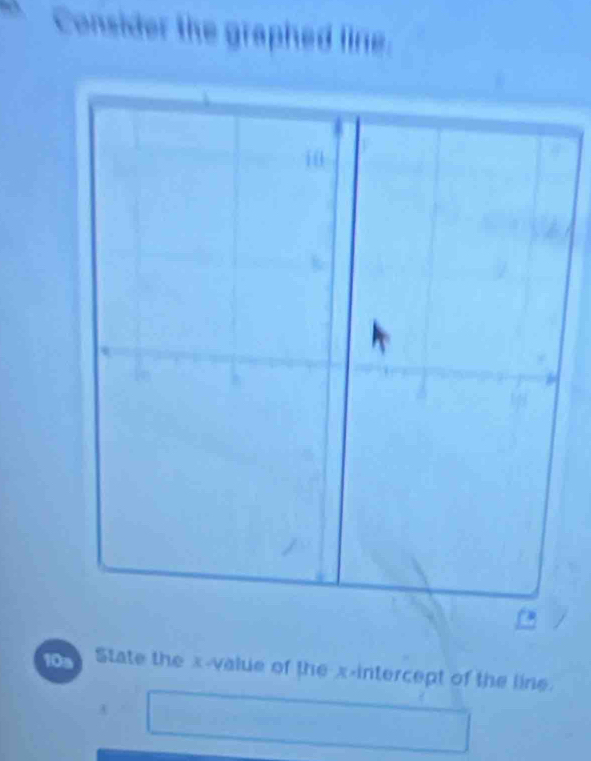 Consider the graphed line. 
1 ( 
10a State the x -value of the x-intercept of the line. 
A