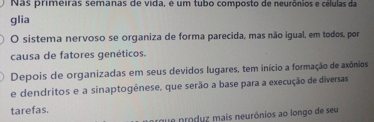 Nas primeiras semanas de vida, é um tubo composto de neurônios e células da 
glia 
O sistema nervoso se organiza de forma parecida, mas não igual, em todos, por 
causa de fatores genéticos. 
Depois de organizadas em seus devidos lugares, tem início a formação de axônios 
e dendritos e a sinaptogênese, que serão a base para a execução de diversas 
tarefas. 
orque produz mais neurônios ao longo de seu