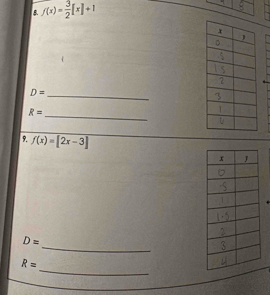 f(x)= 3/2 [[x]]+1
D= _ 
_ R=
9. f(x)=[2x-3]
_
D=
_
R=