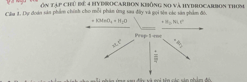 ÔN tậP CHủ ĐÊ 4 HYDROCARBON KHÔNG NO VÀ HYDROCARBON THơm 
Câu 1. Dự đoán sản phẩm chính cho mỗi phản ứng sau đây và gọi tên các sản phẩm đó.
+KMnO_4+H_2O
+H_2, Ni, t^o
Prop-1-ene
xt, t^0
+Br_2
cho mỗi phản ứng sau đây và gọi tên các sản phẩm đó.