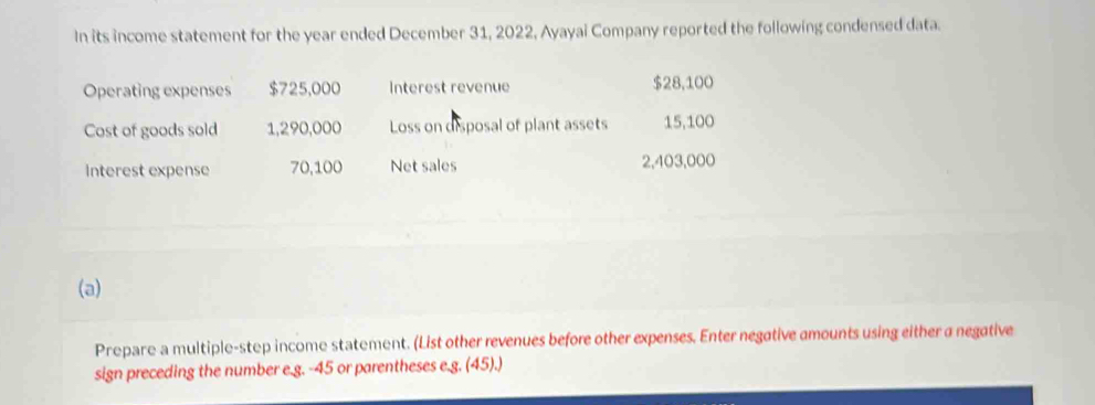 In its income statement for the year ended December 31, 2022, Ayayai Company reported the following condensed data. 
Operating expenses $725,000 Interest revenue $28,100
Cost of goods sold 1,290,000 Loss on disposal of plant assets 15,100
Interest expense 70,100 Net sales 2,403,000
(a) 
Prepare a multiple-step income statement. (List other revenues before other expenses. Enter negative amounts using either a negative 
sign preceding the number e.g. -45 or parentheses e.g. (45).)