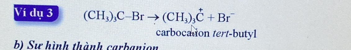 Ví dụ 3 (CH_3)_3C-Brto (CH_3)_3C+Br^-
carbocation tert-butyl 
b) Sư hình thành carbanion