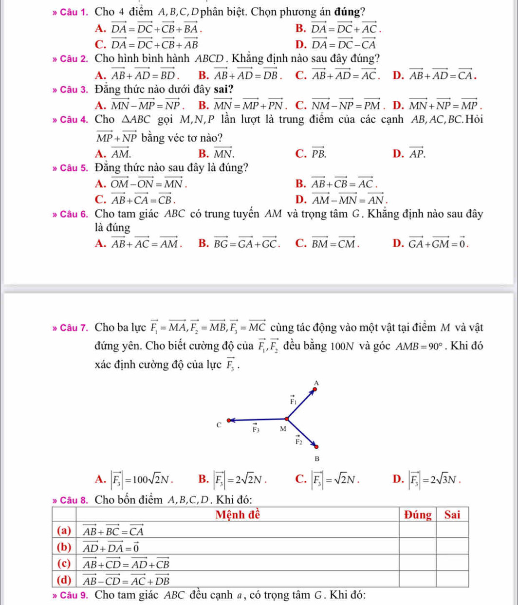 Cho 4 điểm A,B,C,Dphân biệt. Chọn phương án đúng?
A. vector DA=vector DC+vector CB+vector BA. B. vector DA=vector DC+vector AC.
C. vector DA=vector DC+vector CB+vector AB D. vector DA=vector DC-vector CA
* Câu 2. Cho hình bình hành ABCD . Khẳng định nào sau đây đúng?
A. vector AB+vector AD=vector BD. B. vector AB+vector AD=vector DB. C. vector AB+vector AD=vector AC D. vector AB+vector AD=vector CA.
* Câu 3. Đẳng thức nào dưới đây sai?
A. vector MN-vector MP=vector NP. B. vector MN=vector MP+vector PN. C. vector NM-vector NP=vector PM. D. vector MN+vector NP=vector MP.
» Câu 4. Cho △ ABC gọi M,N,P lần lượt là trung điểm của các cạnh AB,AC,BC.Hỏi
vector MP+vector NP bằng véc tơ nào?
A. vector AM. B. vector MN. C. vector PB. D. vector AP.
-  Câu 5. Đăng thức nào sau đây là đúng?
A. vector OM-vector ON=vector MN. B. vector AB+vector CB=vector AC.
C. vector AB+vector CA=vector CB. D. vector AM-vector MN=vector AN.
* Câu 6. Cho tam giác ABC có trung tuyến AM và trọng tâm G. Khẵng định nào sau đây
là đúng
A. vector AB+vector AC=vector AM. B. vector BG=vector GA+vector GC. C. vector BM=vector CM. D. vector GA+vector GM=vector 0.
Câu 7. Cho ba lực vector F_1=vector MA,vector F_2=vector MB,vector F_3=vector MC cùng tác động vào một vật tại điểm M và vật
đứng yên. Cho biết cường độ của vector F_1,vector F_2 đều bằng 100N và góc AMB=90°. Khi đó
xác định cường độ của lực vector F_3.
A. |vector F_3|=100sqrt(2)N. B. |vector F_3|=2sqrt(2)N. C. |vector F_3|=sqrt(2)N. D. |vector F_3|=2sqrt(3)N.
* C 8. Cho bốn điểm A,B,C,D. Khi đó:
* Câu 9. Cho tam giác ABC đều cạnh a, có trọng tâm G . Khi đó: