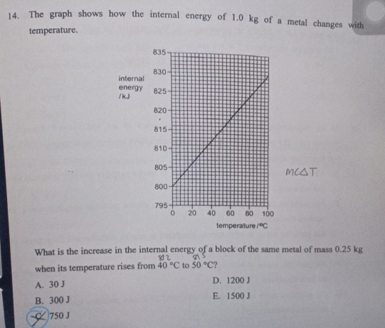 The graph shows how the internal energy of 1.0 kg of a metal changes with
temperature.
What is the increase in the internal energy of a block of the same metal of mass 0.25 kg
when its temperature rises from 40°C to 50°C ?
A. 30 J D. 1200 J
B. 300 J E. 1500 J
750 J