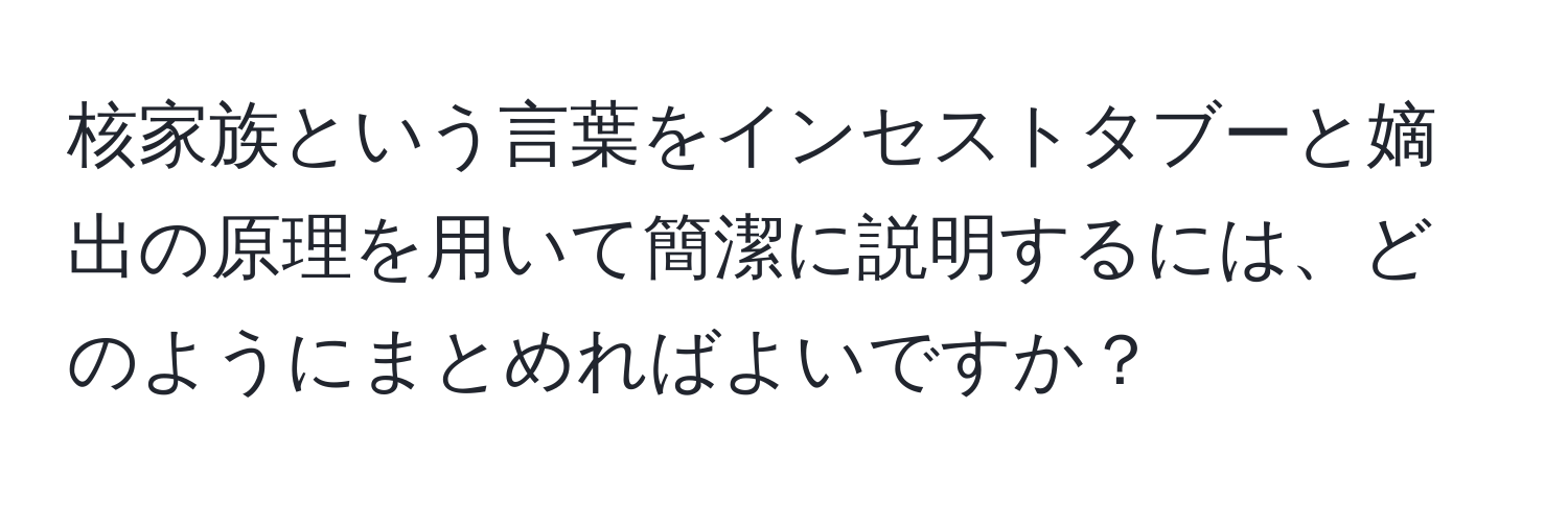 核家族という言葉をインセストタブーと嫡出の原理を用いて簡潔に説明するには、どのようにまとめればよいですか？