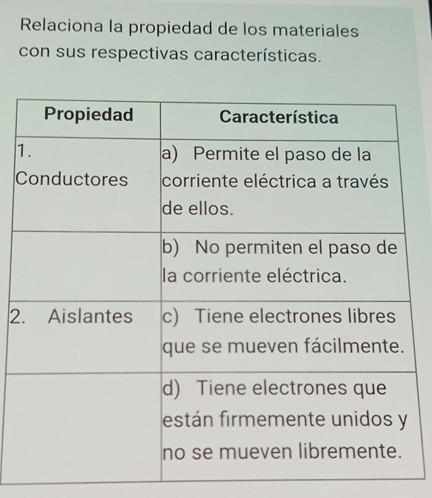 Relaciona la propiedad de los materiales 
con sus respectivas características. 
1 
C 
2