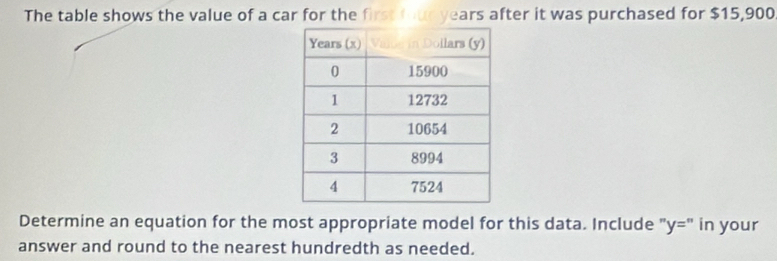 The table shows the value of a car for the first four years after it was purchased for $15,900
Determine an equation for the most appropriate model for this data. Include ' y='' in your 
answer and round to the nearest hundredth as needed.