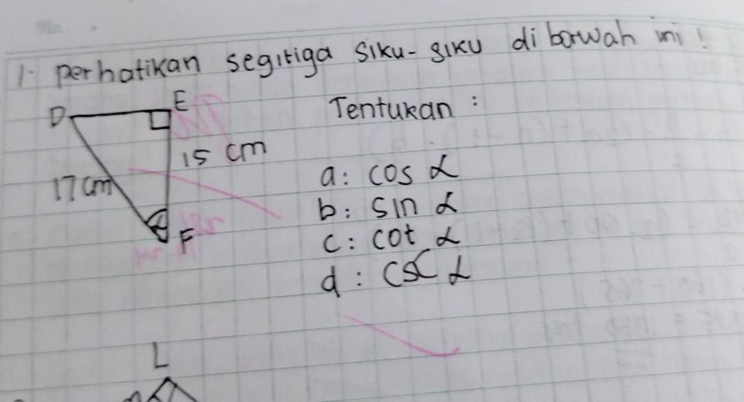 perhatikan segiriga siku-sixu dibawah ini!
Tentukan :
a: cos alpha
b: sin alpha
C: cot alpha
d: csc alpha
L