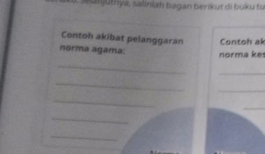 sejanjutnya, salinlah bagan berikut di buku tu 
Contoh akibat pelanggaran Contoh ak 
norma agama: 
norma ke 
_ 
_ 
_ 
_ 
_ 
_ 
_ 
_