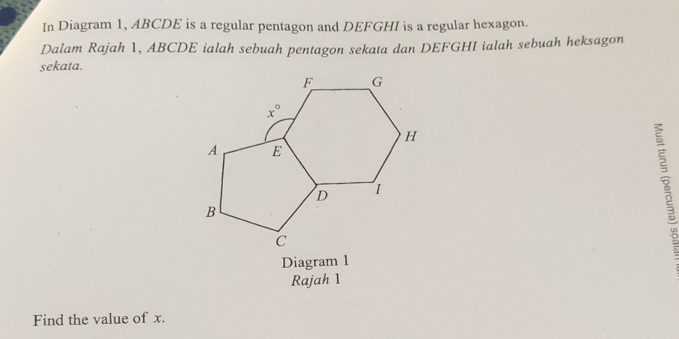 In Diagram 1, ABCDE is a regular pentagon and DEFGHI is a regular hexagon.
Dalam Rajah 1, ABCDE ialah sebuah pentagon sekata dan DEFGHI ialah sebuah heksagon
sekata.
Diagram 1
Rajah 1
Find the value of x.