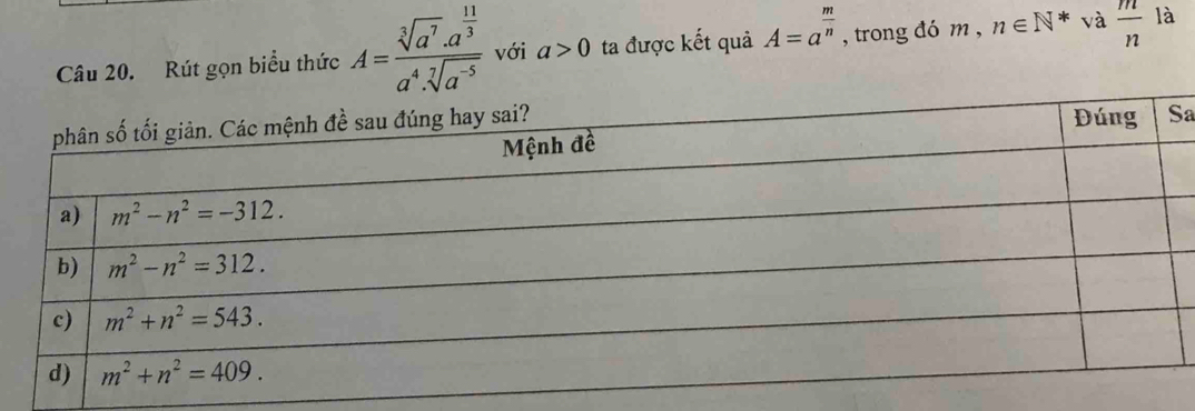 Rút gọn biểu thức A=frac sqrt[3](a^7)· a^(frac 11)3a^4· sqrt[7](a^(-5)) với a>0 ta được kết quả A=a^(frac m)n , trong đó m , n∈ N^* và  m/n  là
a