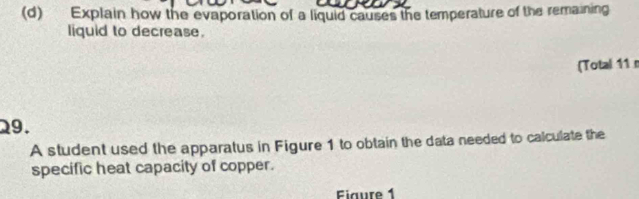 Explain how the evaporation of a liquid causes the temperature of the remaining 
liquid to decrease. 
(Total 11 
29. 
A student used the apparatus in Figure 1 to obtain the data needed to calculate the 
specific heat capacity of copper. 
Fiaure 1