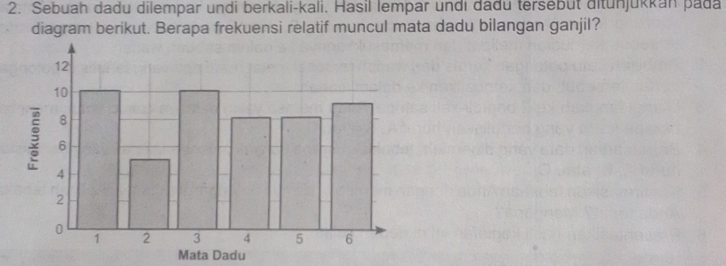 Sebuah dadu dilempar undi berkali-kali. Hasil lempar undi dadu tersebüt ditunjukkan pada 
diagram berikut. Berapa frekuensi relatif muncul mata dadu bilangan ganjil? 
Mata Dadu