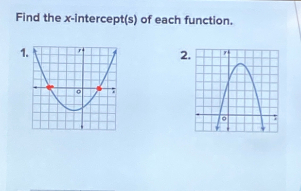 Find the x-intercept(s) of each function. 
1 
2