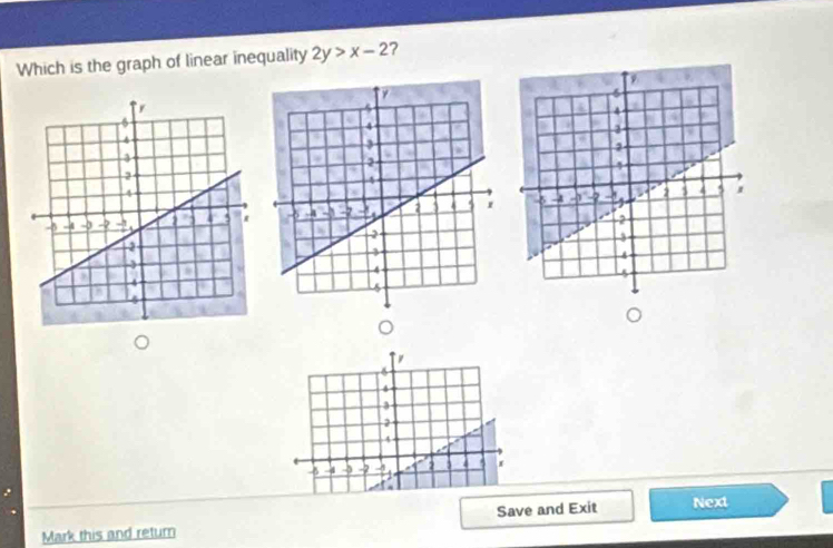 Which is the graph of linear inequality 2y>x-2 ?

4
3
2
4
a 5
-8 -4 2 -4 a 
Save and Exit Next 
Mark this and return