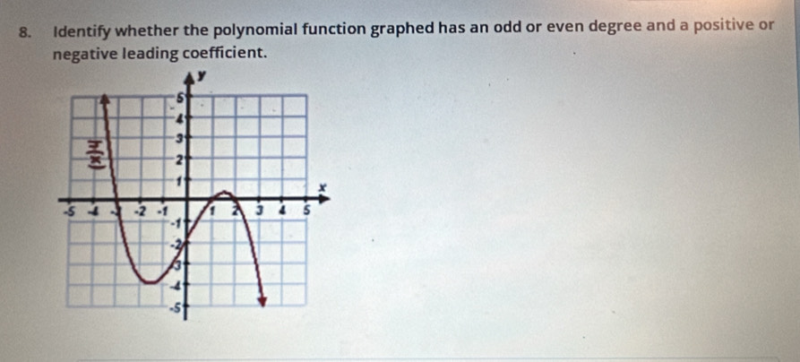 Identify whether the polynomial function graphed has an odd or even degree and a positive or
negative leading coefficient.