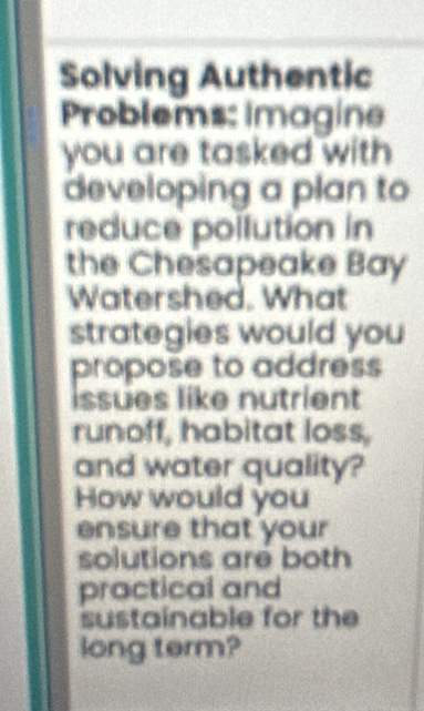 Solving Authentic 
Problems: imagine 
you are tasked with 
developing a plan to 
reduce poilution in 
the Chesapeake Bay 
Watershed. What 
strategies would you 
propose to address 
issues like nutrient 
runoff, habitat loss, 
and water quality? 
How would you 
ensure that your 
solutions are both 
practical and 
sustainable for the 
long term?