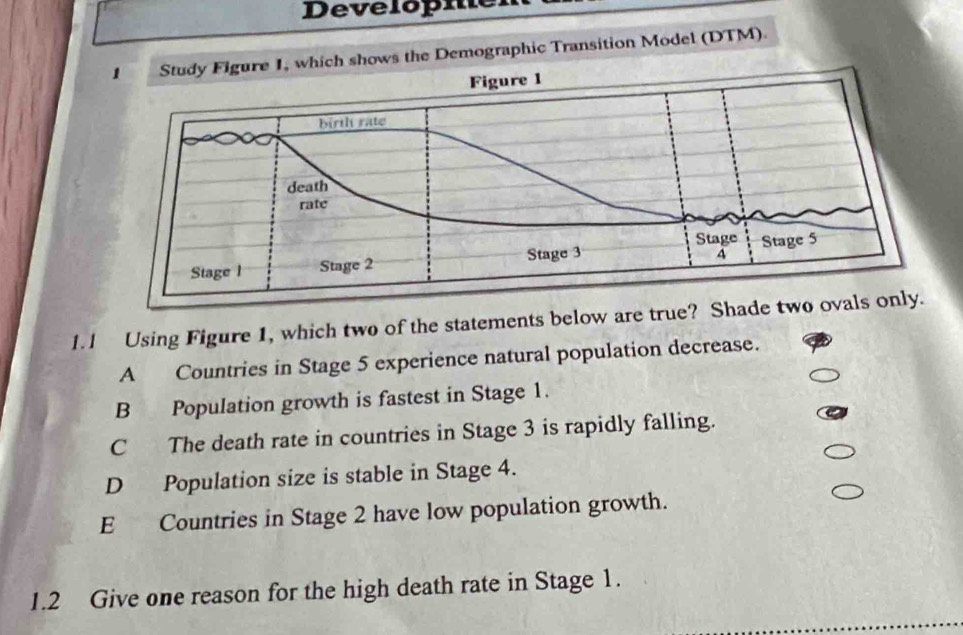 Developher
Demographic Transition Model (DTM).
1.1 Using Figure 1, which two of the statements below are true? Shade
A Countries in Stage 5 experience natural population decrease.
B Population growth is fastest in Stage 1.
C The death rate in countries in Stage 3 is rapidly falling.
D Population size is stable in Stage 4.
E Countries in Stage 2 have low population growth.
1.2 Give one reason for the high death rate in Stage 1.