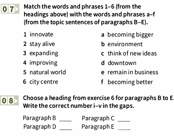 0 7 Match the words and phrases 1-6 (from the
headings above) with the words and phrases a-f
(from the topic sentences of paragraphs B-E).
1 innovate a becoming bigger
2 stay alive b environment
3 expanding cthink of new ideas
4 improving d downtown
5 natural world e remain in business
6 city centre f becoming better
Choose a heading from exercise 6 for paragraphs B to E.
0 8 Write the correct number i-v in the gaps.
Paragraph B _Paragraph C_
Paragraph D _Paragraph E_