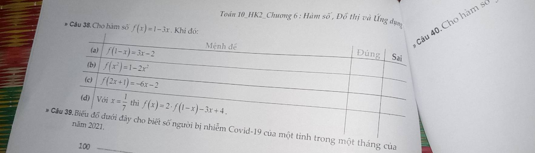 Toán 10_HK2_Chương 6 : Hàm số , Đồ thị và Ứng dụng
40. Cho hàm số
# Câu 38. Cho hàm sô f(x)=1-3x * . Khi đó:
# ng một tháng của
100