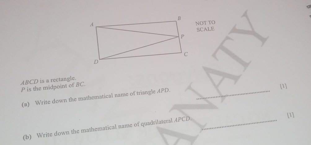 NOT TO 
SCALE
ABCD is a rectangle.
P is the midpoint of BC. 
[1] 
(a) Write down the mathematical name of triangle APD. 
[1] 
(b) Write down the mathematical name of quadrilateral APCD.