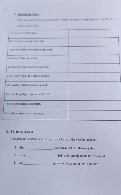 Identify the Tense 
Read the sentences below and identify whether the rense is simple present, simple past or 
H 
B. Fill in the Blanks. 
Complete the sentences with the correct form of the verb in brackets. 
1. She_ (eat) breakfast at 7.00 every day. 
2. They _(visit) their grandparents last weekend. 
3. We_ (plan) to go camping next summer.