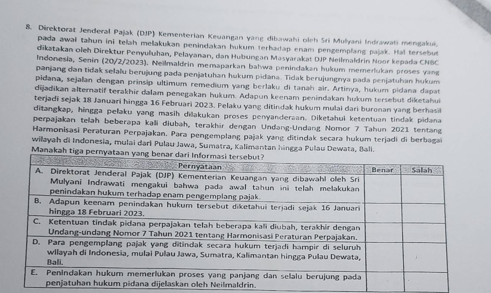 Direktorat Jenderal Pajak (DJP) Kementerian Keuangan yang dibawahi oleh Sri Mulyani Indrawati mengakui, 
pada awał tahun ini telah melakukan penindakan hukum terhadap enam pengemplang pajak. Hal tersebut 
dikatakan oleh Direktur Penyuluhan, Pelayanan, dan Hubungan Masyarakat DJP Neilmaldrin Noor kepada CNBC 
Indonesia, Senin (20/2/2023). Neilmaldrin memaparkan bahwa penindakan hukum memerlukan proses yang 
panjang dan tidak selalu berujung pada penjatuhan hukum pidana. Tidak berujungnya pada penjatuhan hukum 
pidana, sejalan dengan prinsip ultimum remedium yang berlaku di tanah air. Artinya, hukum pidana dapat 
dijadikan alternatif terakhir dalam penegakan hukum. Adapun keenam penindakan hukum tersebut diketahui 
terjadi sejak 18 Januari hingga 16 Februari 2023. Pelaku yang ditindak hukum mulai dari buronan yang berhasil 
ditangkap, hingga pelaku yang masih dilakukan proses penyanderaan. Diketahui ketentuan tindak pidana 
perpajakan telah beberapa kali diubah, terakhir dengan Undang-Undang Nomor 7 Tahun 2021 tentang 
Harmonisasi Peraturan Perpajakan. Para pengemplang pajak yang ditindak secara hukum terjadi di berbagai 
wilayah di Indonesia, mulai dari Pulau Jawa, Sumatra, Kalimantan hingga Pulau Dewata, Bali. 
Manakah tiga pernyat