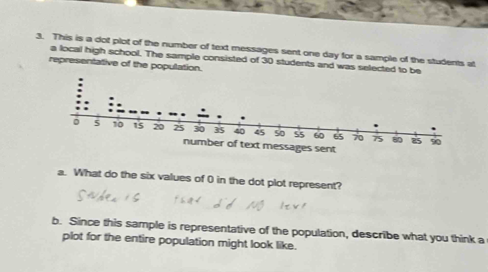 This is a dot plot of the number of text messages sent one day for a sample of the students at 
a local high school. The sample consisted of 30 students and was selected to be 
representative of the population. 
a. What do the six values of 0 in the dot plot represent? 
b. Since this sample is representative of the population, describe what you think a 
plot for the entire population might look like.