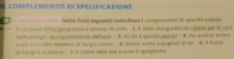 COMPLEMENTO DI SPECIFICAZIONE 
oadscare Nelle frasi seguenti sottolinea I complementi di specificazione. 
D E. La borsa della spesa peserá almeno 10 chili! 2. É stato inaugurato un centro per la cura 
delle allergie da inquinamento dell'aria. 3. Di chi è questa penna? A. Per qualche dollara 
pul é un film western di Sergio Leone. S. Siamo molto orgogliosi di te! 6. Il flume 
di Pangi è la Senna. 7 Il colore delle tue scarpe è sgargiantel