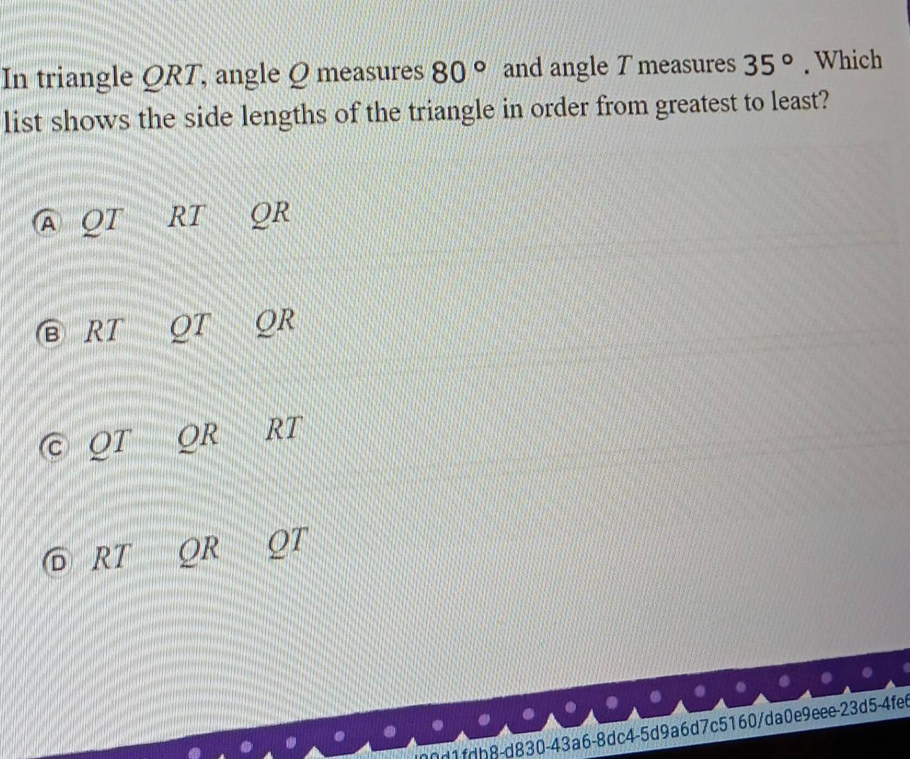 Solved: In triangle QRT, angle Q measures 80° and angle T measures 35 ...