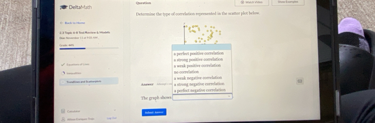 DeltaMath Question @ Watch Video Show Examples
Determine the type of correlation represented in the scatter plot below.
← Back to Home
* 2.3 Topic 6-8 Test Review & Model
Düe Novembor 11 at 905 AM ,
Grade: 447%
a perfect positive correlation
Equations of Lines a weak positive correlation a strong positive correlation
no correlation
Trandlines and Scatterjdots Answer Ancgt === a strong negative correlation a weak negative correlation
a perfect negative correlation
The graph shows
Calcul anee Subenit Answer
Allison Enriguer Trejo Lag Oui