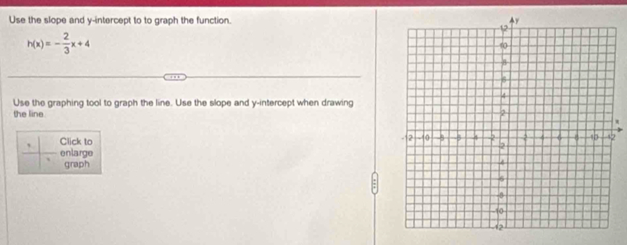 Use the slope and y-intercept to to graph the function.
h(x)=- 2/3 x+4
Use the graphing tool to graph the line. Use the slope and y-intercept when drawing 
the line. 
, Click to 
2 
enlarge 
graph