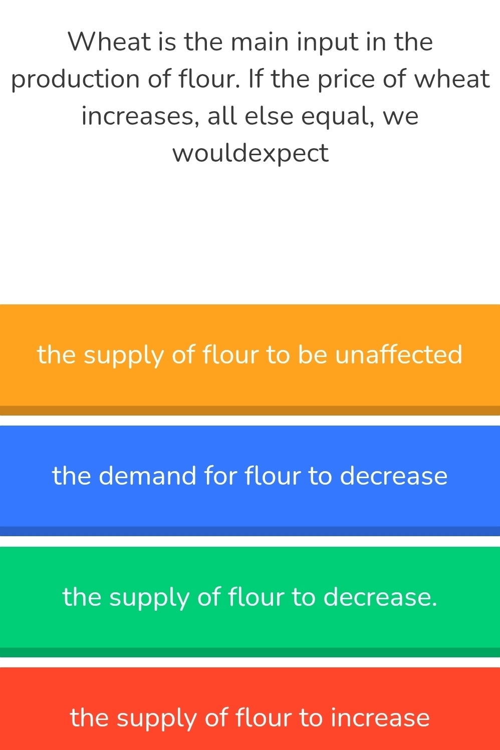 Wheat is the main input in the
production of flour. If the price of wheat
increases, all else equal, we
wouldexpect
the supply of flour to be unaffected
the demand for flour to decrease
the supply of flour to decrease.
the supply of flour to increase