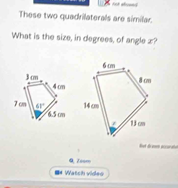 not silownd 
These two quadrilaterals are similar. 
What is the size, in degrees, of angle x?
3 cm
4cm
7 cm 61°
6.5 cm
that driven pecurates 
Q Zoom 
Watch video