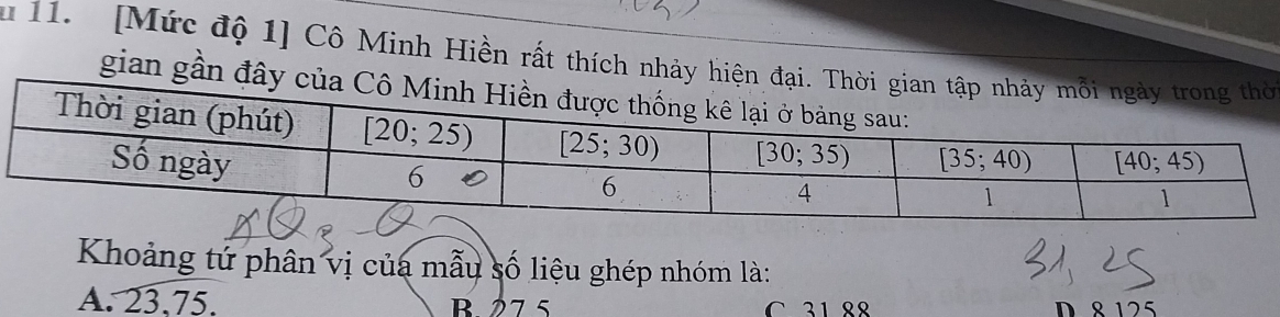 [Mức độ 1] Cô Minh Hiền rất thích nhảy hiện 
gian gần đây
Khoảng tứ phân vị của mẫu số liệu ghép nhóm là:
A. 23.75. B 27 5 C 31 ९º D 8 125