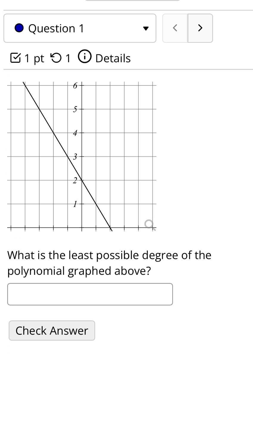 < > 
1 pt O 1 Details 
What is the least possible degree of the 
polynomial graphed above? 
Check Answer