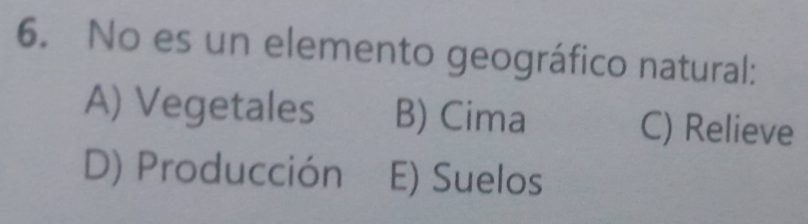 No es un elemento geográfico natural:
A) Vegetales B) Cima C) Relieve
D) Producción E) Suelos